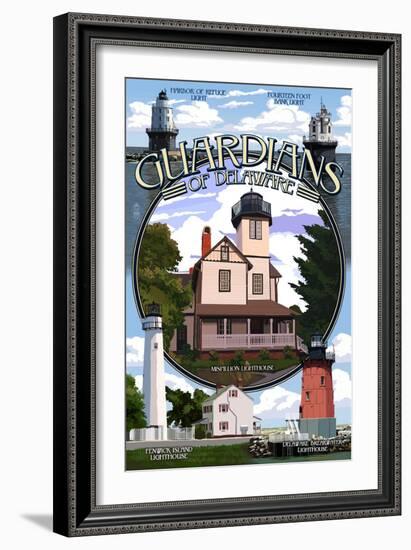 Lighthouses of Delaware - Montage-Lantern Press-Framed Premium Giclee Print