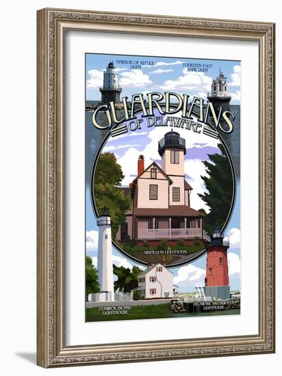 Lighthouses of Delaware - Montage-Lantern Press-Framed Art Print