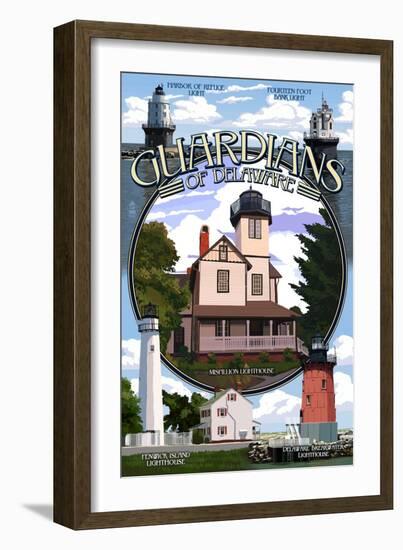 Lighthouses of Delaware - Montage-Lantern Press-Framed Art Print