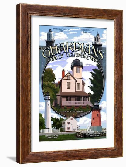 Lighthouses of Delaware - Montage-Lantern Press-Framed Art Print