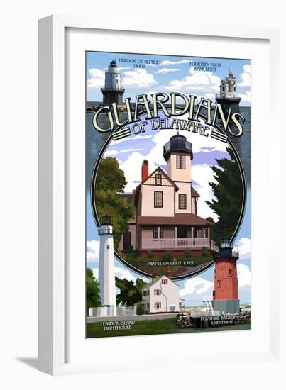 Lighthouses of Delaware - Montage-Lantern Press-Framed Art Print