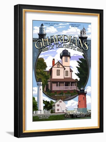 Lighthouses of Delaware - Montage-Lantern Press-Framed Art Print