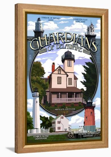 Lighthouses of Delaware - Montage-Lantern Press-Framed Stretched Canvas