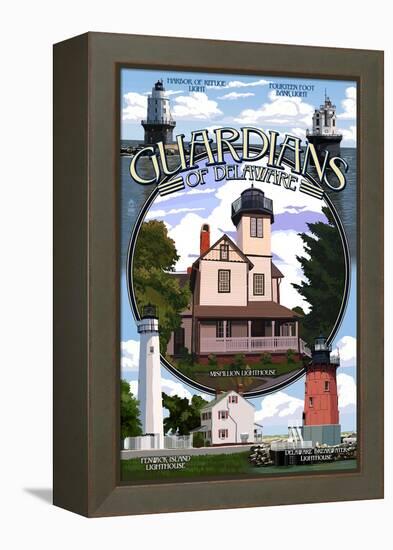 Lighthouses of Delaware - Montage-Lantern Press-Framed Stretched Canvas