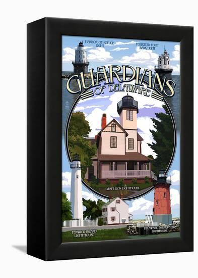 Lighthouses of Delaware - Montage-Lantern Press-Framed Stretched Canvas