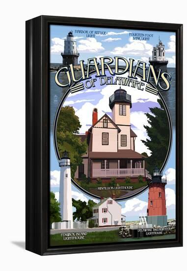 Lighthouses of Delaware - Montage-Lantern Press-Framed Stretched Canvas