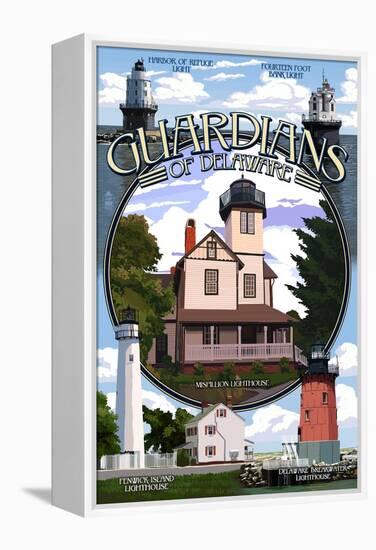 Lighthouses of Delaware - Montage-Lantern Press-Framed Stretched Canvas