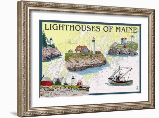 Lighthouses of Maine - Nautical Chart-Lantern Press-Framed Art Print