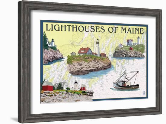 Lighthouses of Maine - Nautical Chart-Lantern Press-Framed Art Print