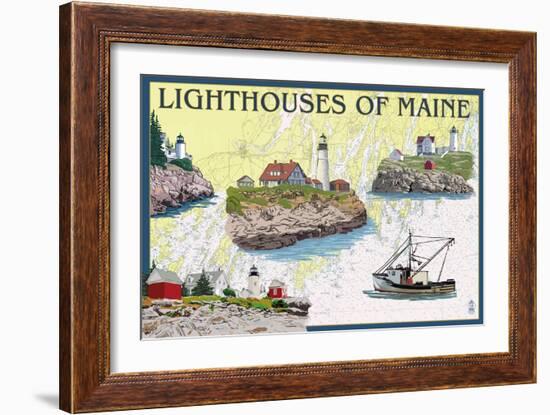 Lighthouses of Maine - Nautical Chart-Lantern Press-Framed Art Print