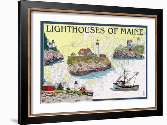 Lighthouses of Maine - Nautical Chart-Lantern Press-Framed Art Print