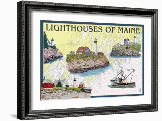 Lighthouses of Maine - Nautical Chart-Lantern Press-Framed Art Print