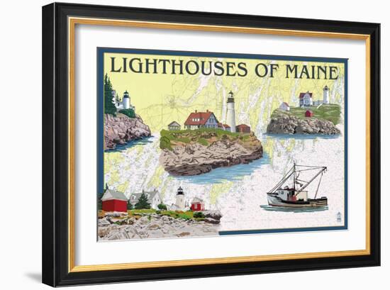 Lighthouses of Maine - Nautical Chart-Lantern Press-Framed Art Print