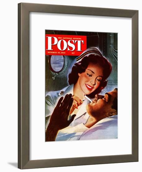 "Lighting His Cigarette," Saturday Evening Post Cover, October 23, 1943-Jon Whitcomb-Framed Giclee Print