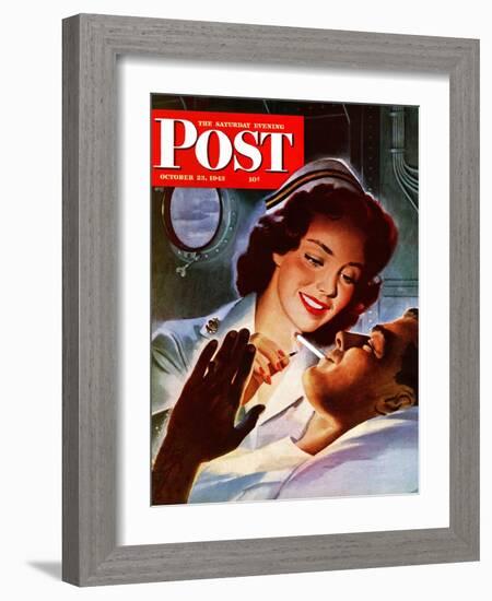 "Lighting His Cigarette," Saturday Evening Post Cover, October 23, 1943-Jon Whitcomb-Framed Giclee Print