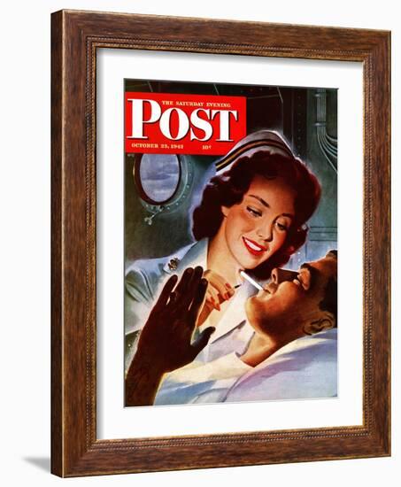 "Lighting His Cigarette," Saturday Evening Post Cover, October 23, 1943-Jon Whitcomb-Framed Giclee Print