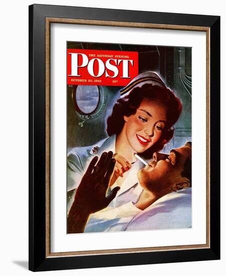 "Lighting His Cigarette," Saturday Evening Post Cover, October 23, 1943-Jon Whitcomb-Framed Giclee Print