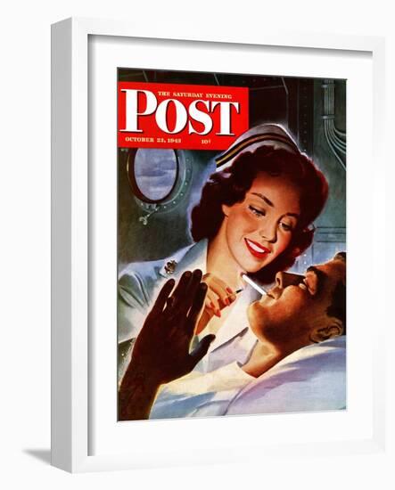 "Lighting His Cigarette," Saturday Evening Post Cover, October 23, 1943-Jon Whitcomb-Framed Giclee Print