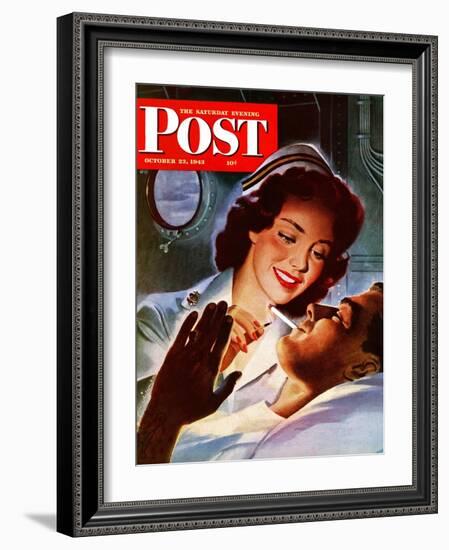 "Lighting His Cigarette," Saturday Evening Post Cover, October 23, 1943-Jon Whitcomb-Framed Giclee Print