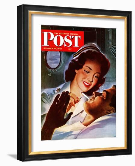 "Lighting His Cigarette," Saturday Evening Post Cover, October 23, 1943-Jon Whitcomb-Framed Giclee Print