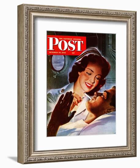 "Lighting His Cigarette," Saturday Evening Post Cover, October 23, 1943-Jon Whitcomb-Framed Giclee Print