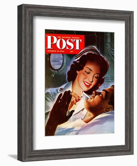 "Lighting His Cigarette," Saturday Evening Post Cover, October 23, 1943-Jon Whitcomb-Framed Giclee Print