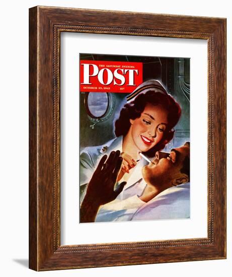 "Lighting His Cigarette," Saturday Evening Post Cover, October 23, 1943-Jon Whitcomb-Framed Giclee Print