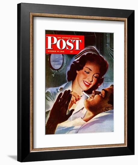 "Lighting His Cigarette," Saturday Evening Post Cover, October 23, 1943-Jon Whitcomb-Framed Giclee Print