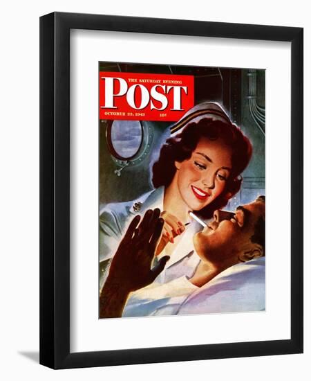 "Lighting His Cigarette," Saturday Evening Post Cover, October 23, 1943-Jon Whitcomb-Framed Giclee Print