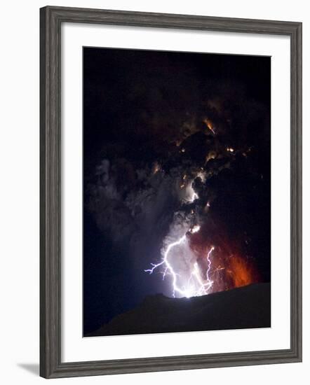 Lighting Seen Amid the Lava and Ash Erupting from the Vent of the Volcano in Central Iceland-null-Framed Photographic Print