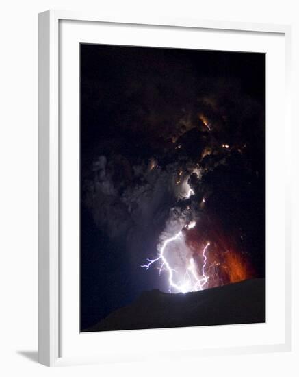 Lighting Seen Amid the Lava and Ash Erupting from the Vent of the Volcano in Central Iceland-null-Framed Photographic Print