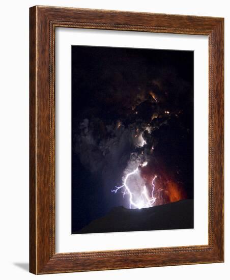 Lighting Seen Amid the Lava and Ash Erupting from the Vent of the Volcano in Central Iceland-null-Framed Photographic Print