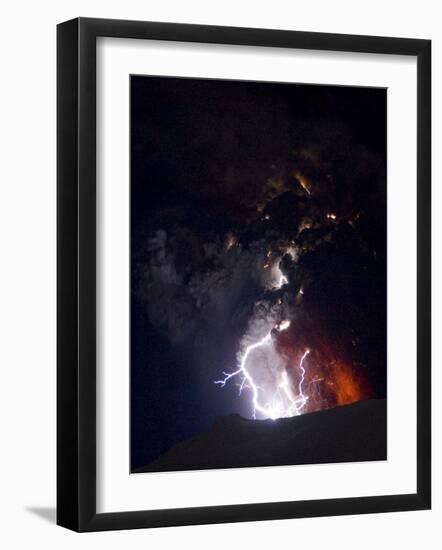 Lighting Seen Amid the Lava and Ash Erupting from the Vent of the Volcano in Central Iceland-null-Framed Photographic Print