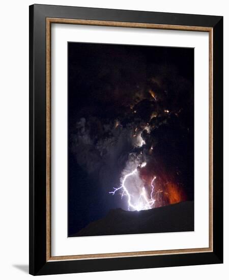 Lighting Seen Amid the Lava and Ash Erupting from the Vent of the Volcano in Central Iceland-null-Framed Photographic Print