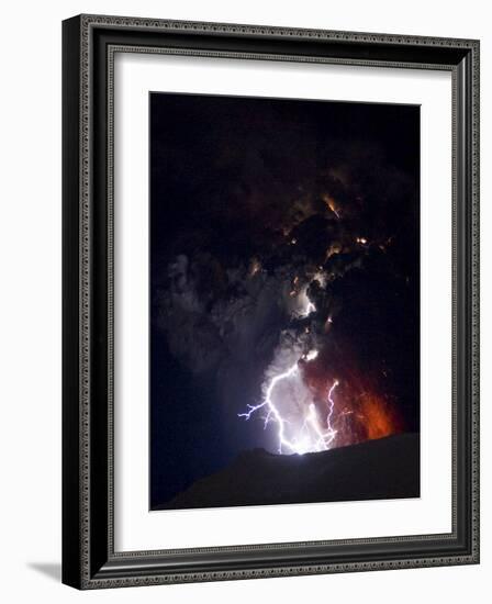 Lighting Seen Amid the Lava and Ash Erupting from the Vent of the Volcano in Central Iceland-null-Framed Photographic Print