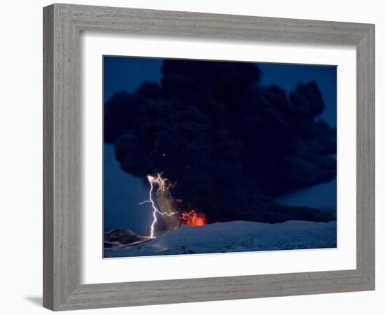 Lighting Seen Amid the Lava and Ash Erupting from the Vent of the Volcano in Central Iceland-null-Framed Photographic Print