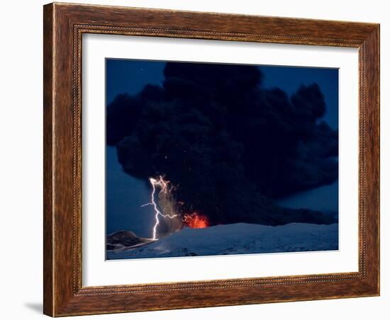 Lighting Seen Amid the Lava and Ash Erupting from the Vent of the Volcano in Central Iceland-null-Framed Photographic Print