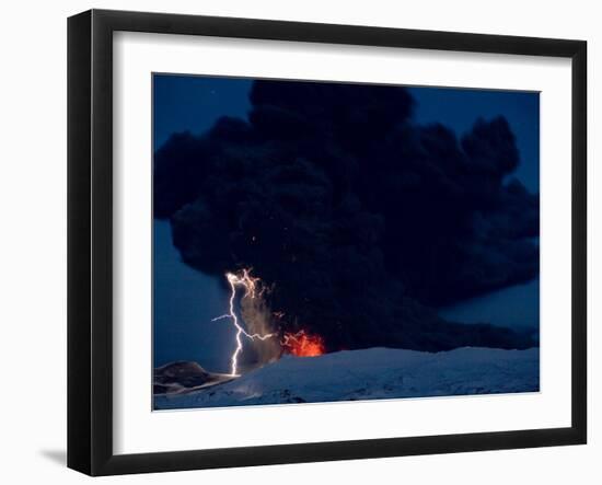 Lighting Seen Amid the Lava and Ash Erupting from the Vent of the Volcano in Central Iceland-null-Framed Photographic Print