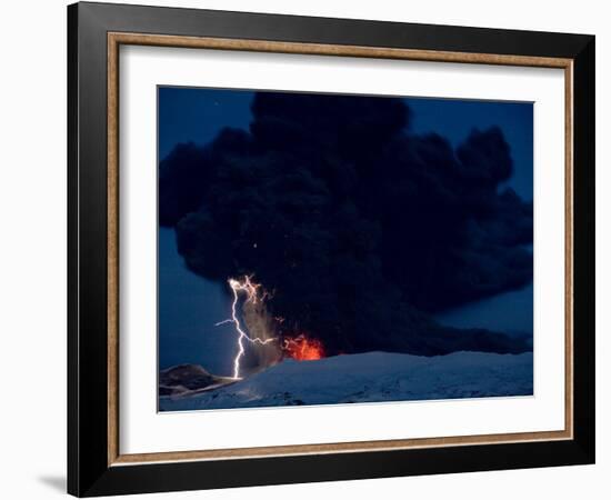 Lighting Seen Amid the Lava and Ash Erupting from the Vent of the Volcano in Central Iceland-null-Framed Photographic Print