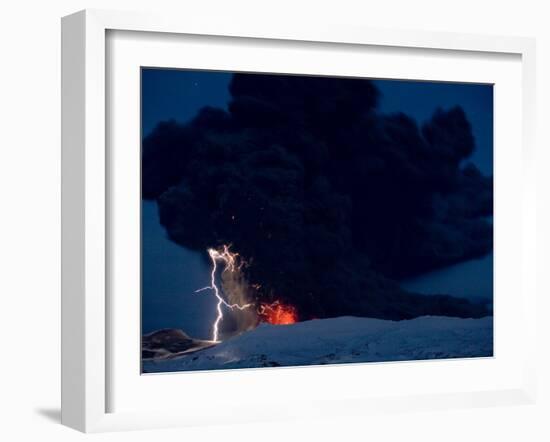 Lighting Seen Amid the Lava and Ash Erupting from the Vent of the Volcano in Central Iceland-null-Framed Photographic Print