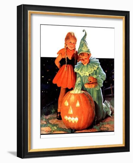 "Lighting the Pumpkin,"November 3, 1934-Eugene Iverd-Framed Giclee Print