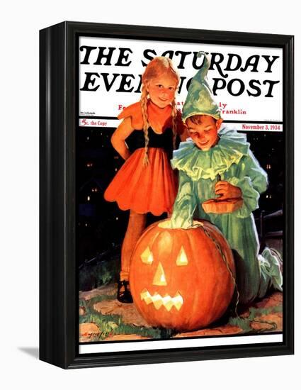 "Lighting the Pumpkin," Saturday Evening Post Cover, November 3, 1934-Eugene Iverd-Framed Premier Image Canvas