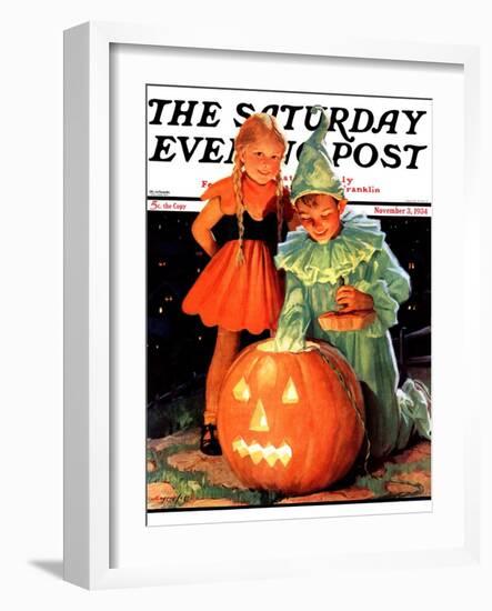 "Lighting the Pumpkin," Saturday Evening Post Cover, November 3, 1934-Eugene Iverd-Framed Giclee Print