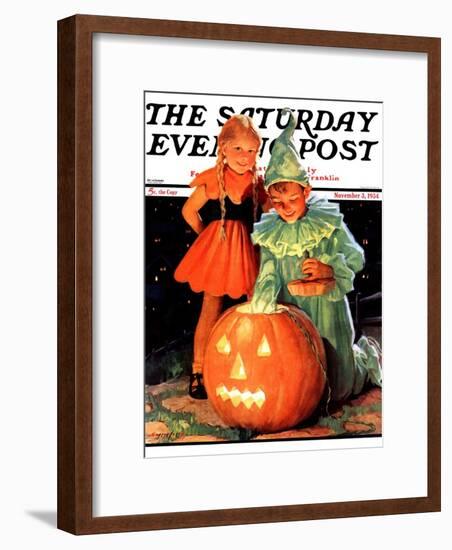 "Lighting the Pumpkin," Saturday Evening Post Cover, November 3, 1934-Eugene Iverd-Framed Giclee Print