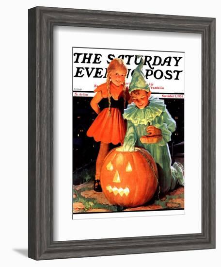 "Lighting the Pumpkin," Saturday Evening Post Cover, November 3, 1934-Eugene Iverd-Framed Giclee Print