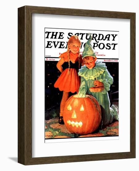 "Lighting the Pumpkin," Saturday Evening Post Cover, November 3, 1934-Eugene Iverd-Framed Giclee Print