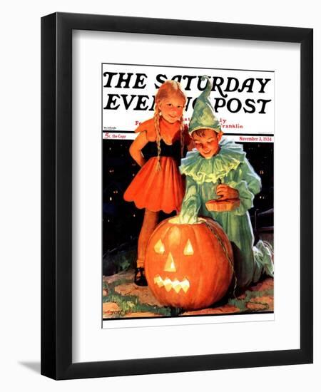 "Lighting the Pumpkin," Saturday Evening Post Cover, November 3, 1934-Eugene Iverd-Framed Giclee Print