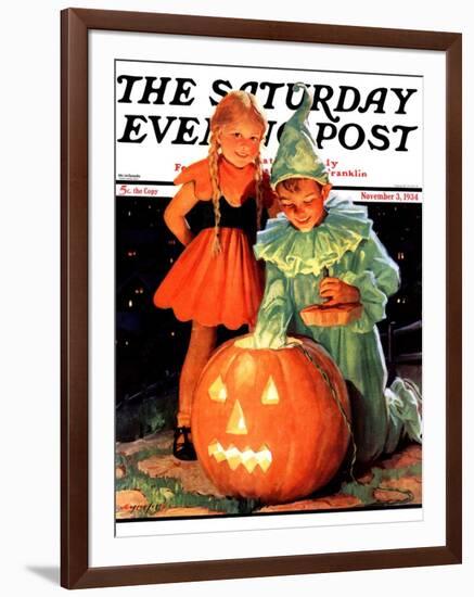 "Lighting the Pumpkin," Saturday Evening Post Cover, November 3, 1934-Eugene Iverd-Framed Giclee Print