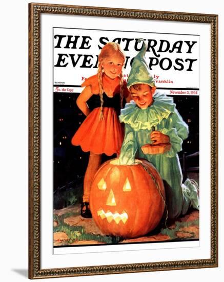 "Lighting the Pumpkin," Saturday Evening Post Cover, November 3, 1934-Eugene Iverd-Framed Giclee Print