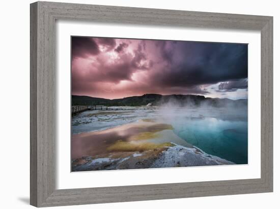 Lightining Illuminates The Sunset Sky Over Biscuit Basin, Yellowstone National Park-Bryan Jolley-Framed Photographic Print